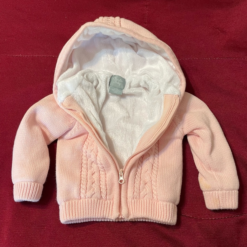Charley Baby Pink Hooded Cable Sweater/Jacket with Soft Plush Lining Zip Front